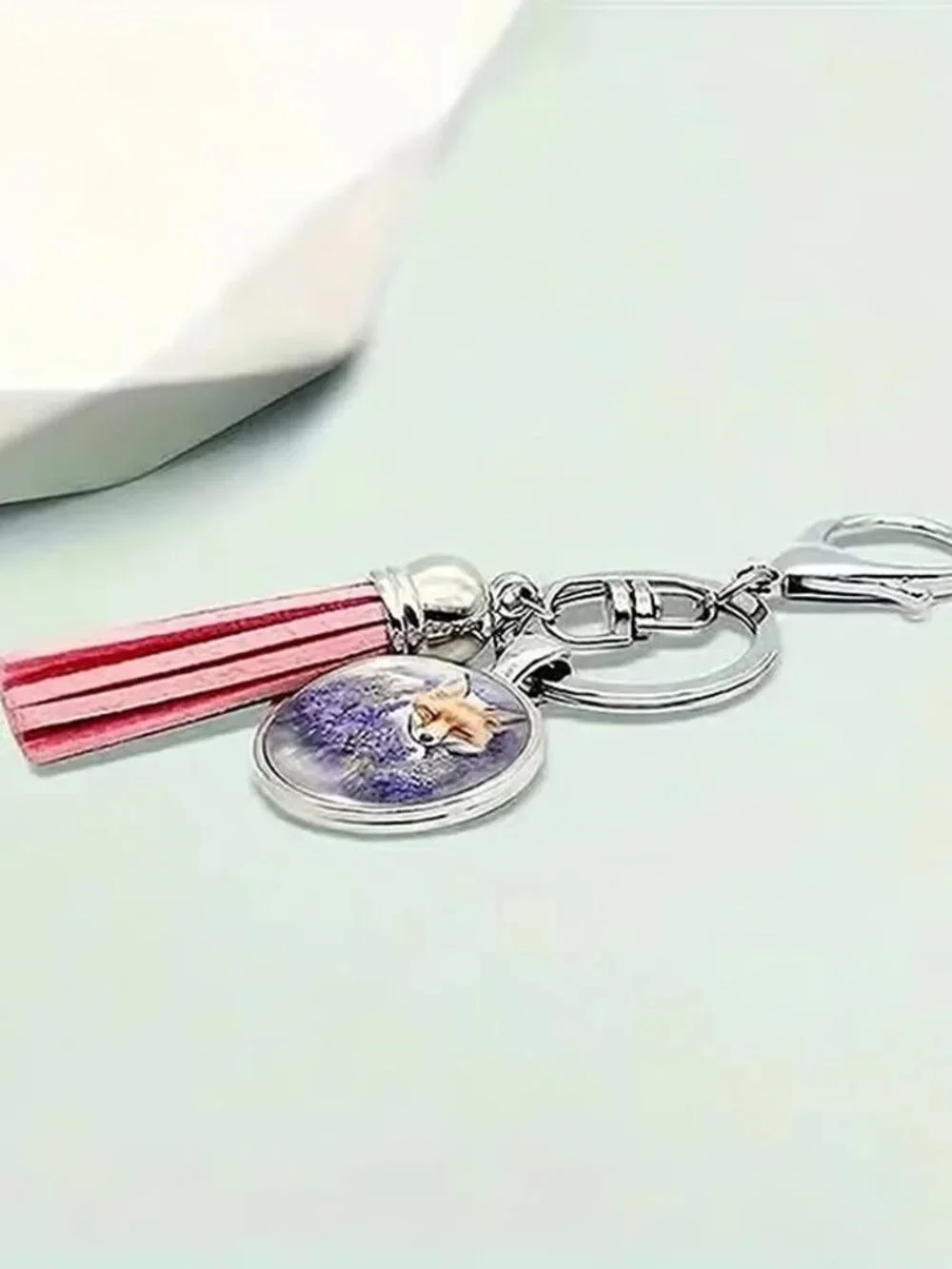 Stainless Steel FOX Keyring Keychain with Pink Tassell Accessory